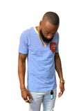 Drippy orange heart with blue/w stripe short sleeve tee